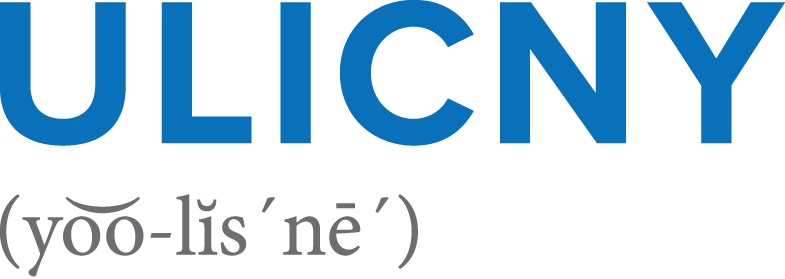 Blue Ulicny logo with grey phonetic pronunciation below